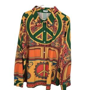 NWT Jammy Job 3XL Women's Blouse Long Sleeve HIPPIE PEACE SIGN VW BUG RETRO BOHO
